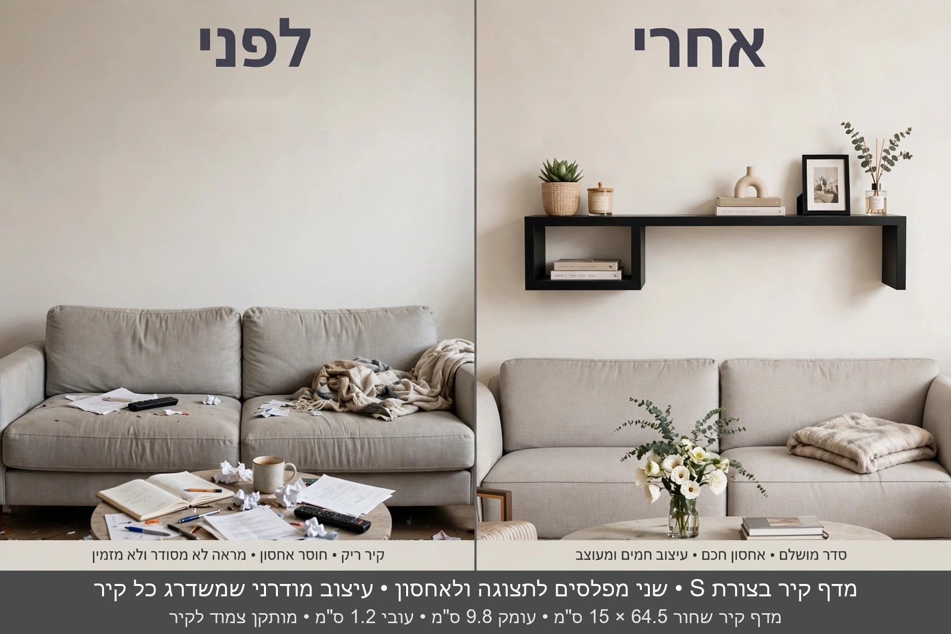 לפני ואחרי – קיר ריק מעל הספה מול קיר עם מדף קיר שחור מעוצב