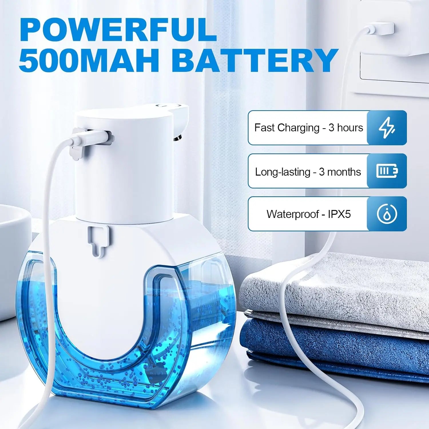 מתקן הסבון האוטומטי בטעינה עם סוללה נטענת 500mAh ועמידות למים IPX5