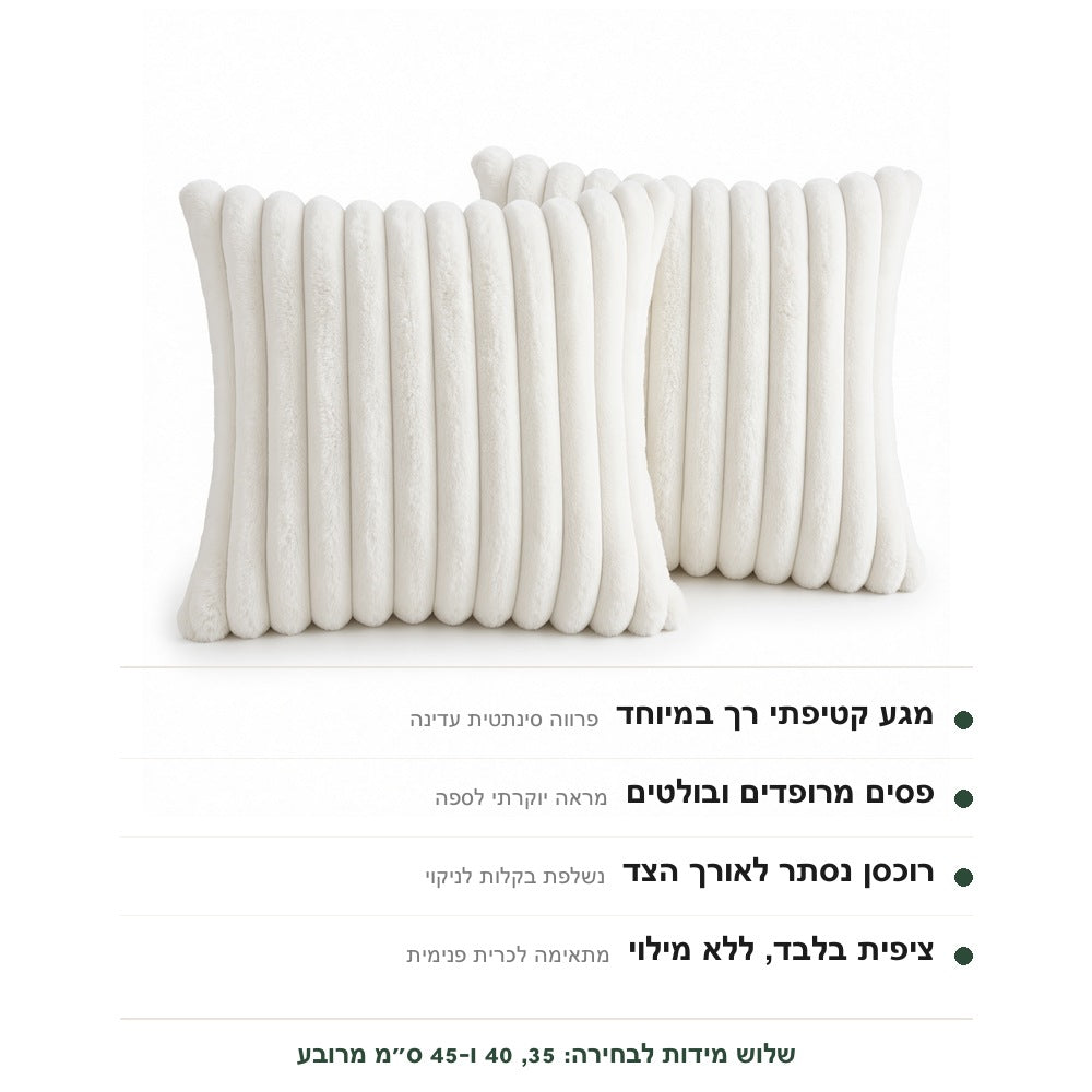 מאפייני ציפית כרית הנוי: מגע רך, פסים מרופדים, רוכסן נסתר וציפית בלבד ללא מילוי